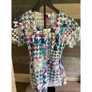 Scrub Works Women XS Medical‎ Scrub Shirt Elastic Waste Short Sleeve Pockets